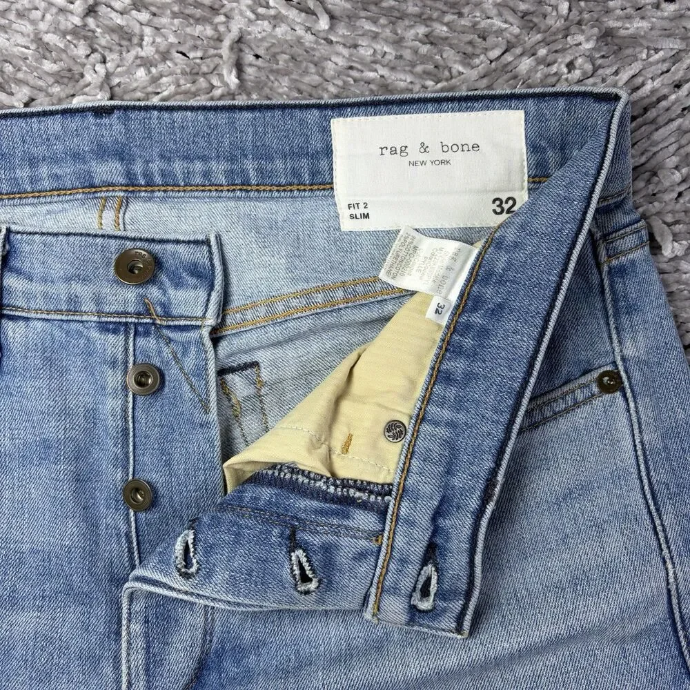 Rag & Bone Fit 2 Slim Jeans Men 32x33 Button Fly Blue Denim Designer USA Logo